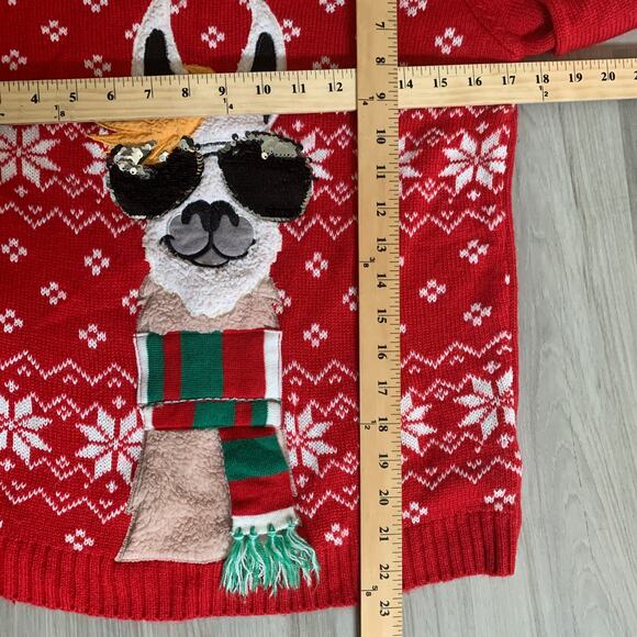 Holiday Time Christmas Llama Ugly Sweater Large Women's Junior Red Green Sequin - Picture 4 of 9